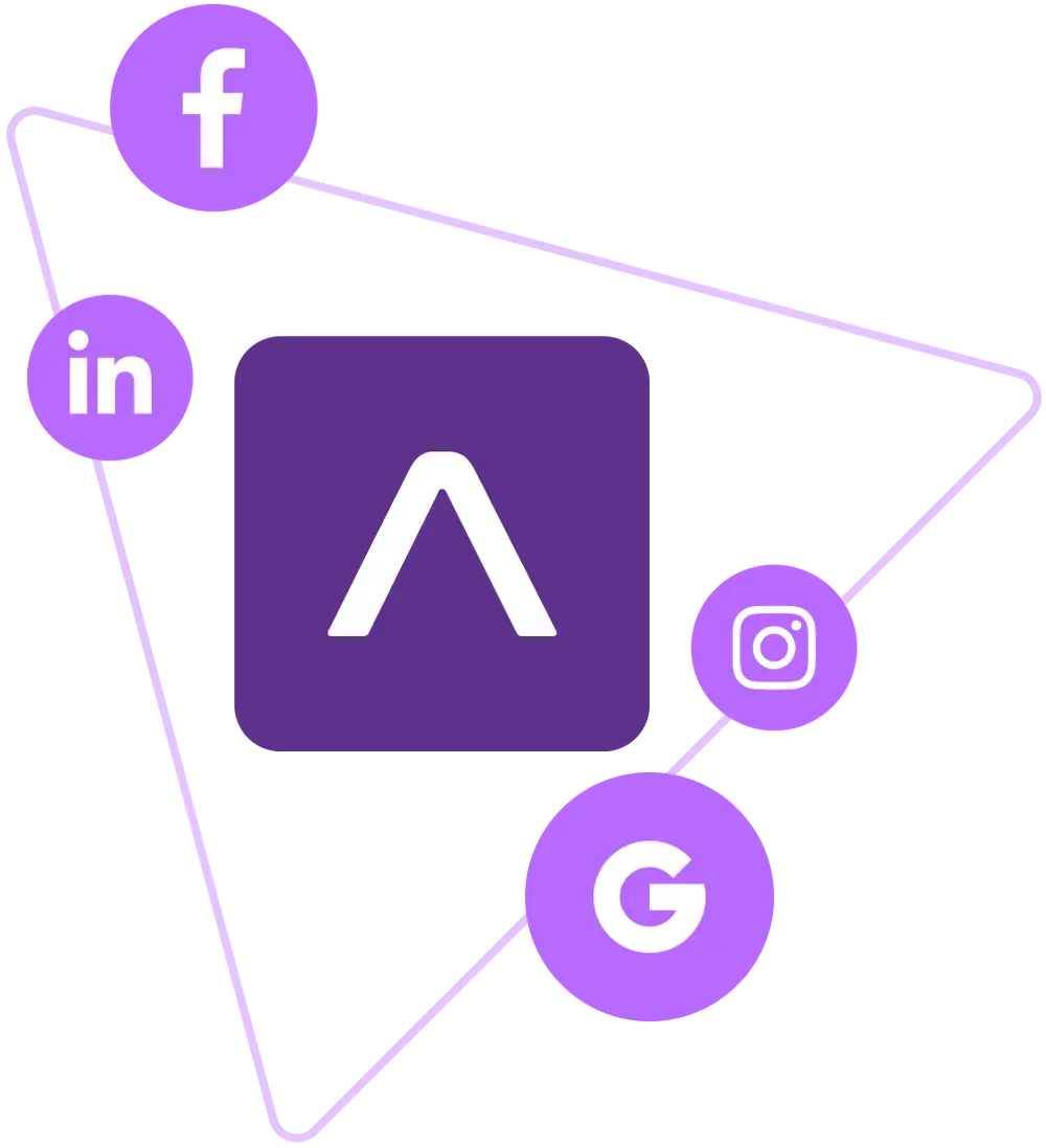 Illustration of the Adway logo surrounded by Facebook, LinkedIn, Instagram and Google icons