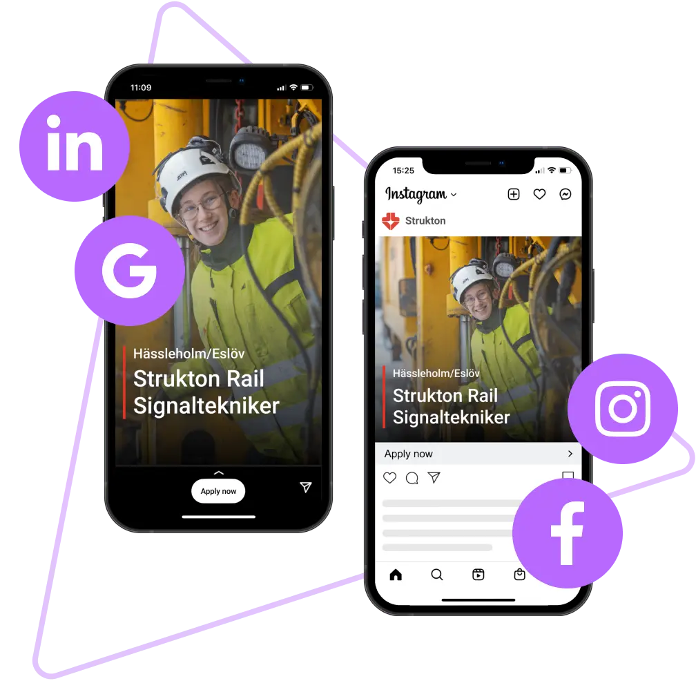 Two phone mockups showing Strukton Rail signal technician job ads running on Instagram Stories and Feed