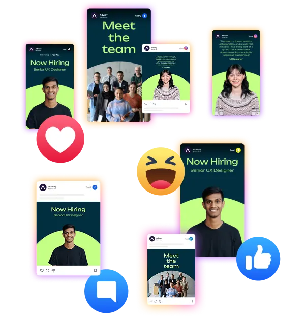 Multi-format employer-branding campaigns running across Meta, LinkedIn, TikTok and Snapchat