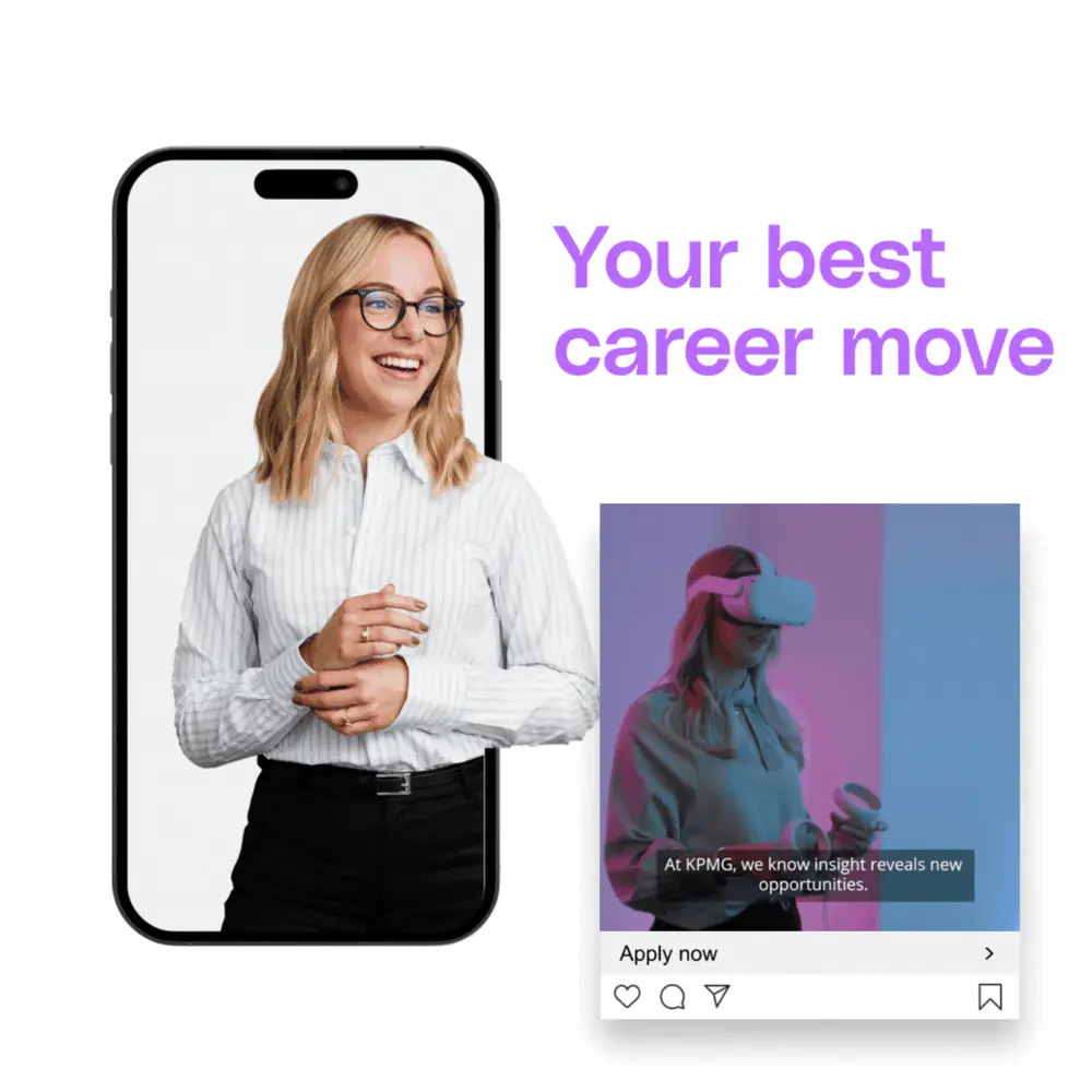 Phone showing an employer brand ad with the message 'Your best career move' next to a social video ad card