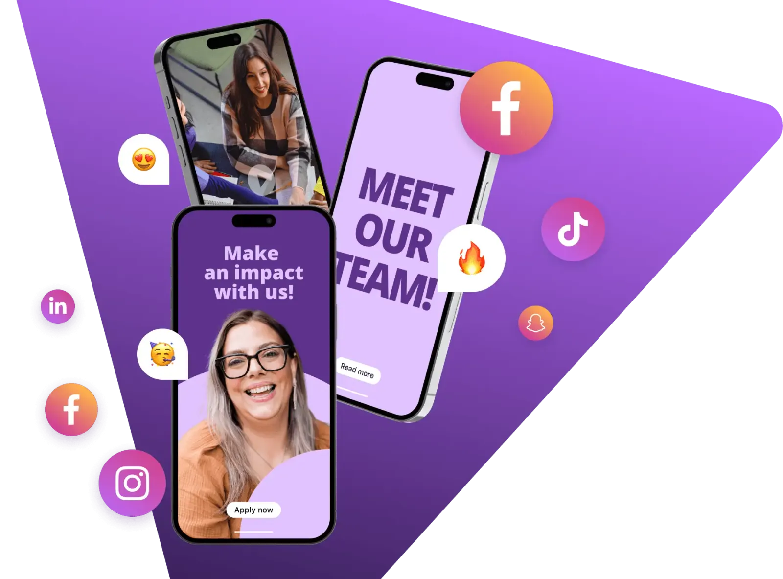 Employer branding ads on phone screens — 'Make an impact with us' and 'Meet our team' — surrounded by social channel icons