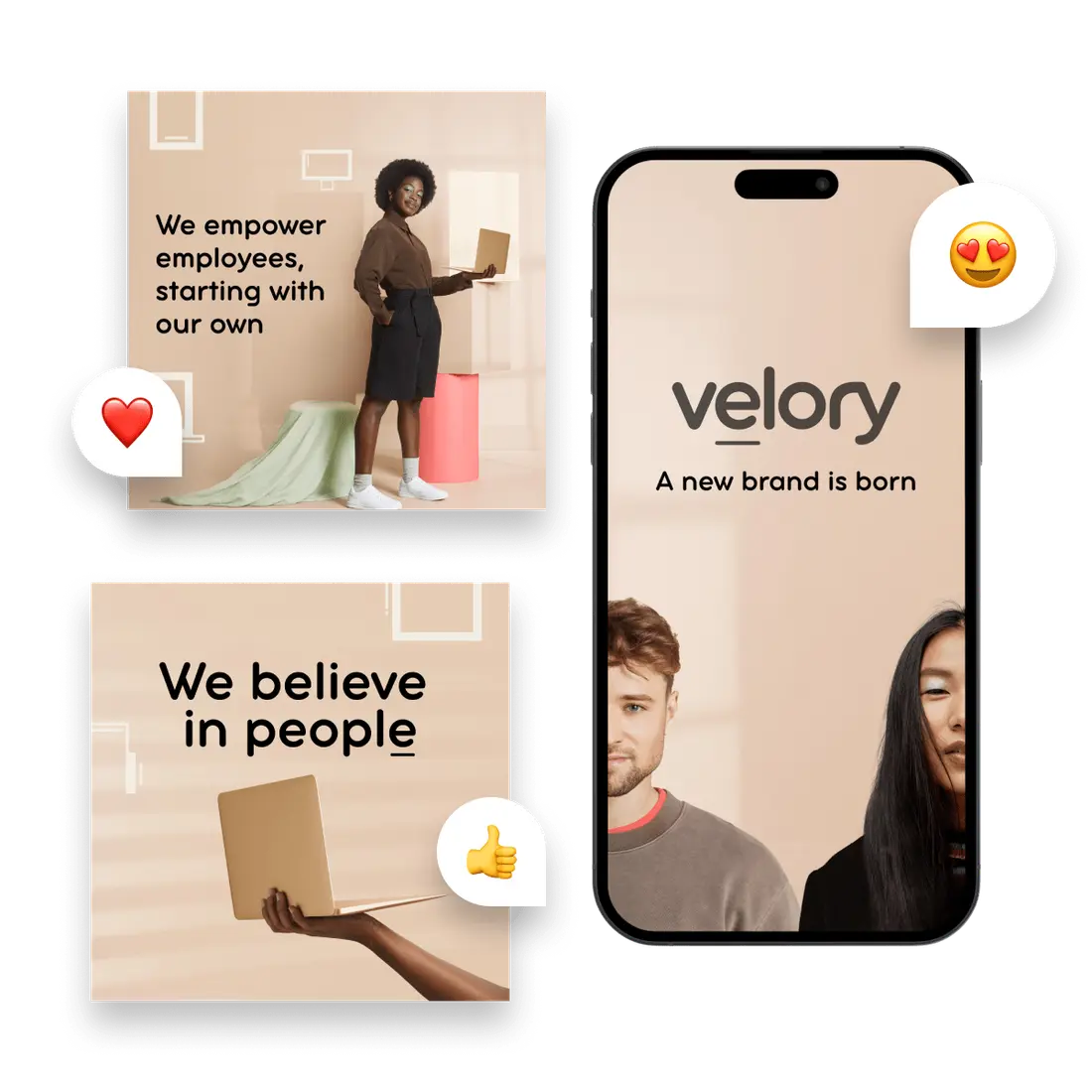 Brand refresh collage — a new employer brand launching on social with 'We believe in people' and 'We empower employees' ad cards