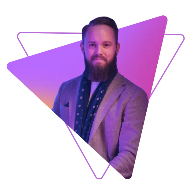 Richard Sörensson, Founder and Head of Innovation at Adway, in front of a pink and purple triangle graphic
