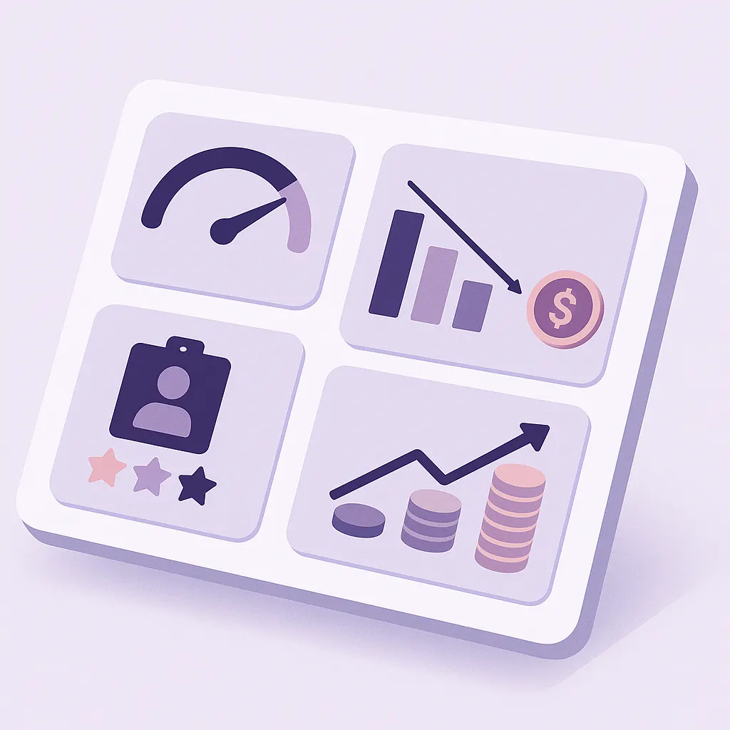 Isometric dashboard with gauges and charts for time to hire, cost per hire, quality and ROI metrics