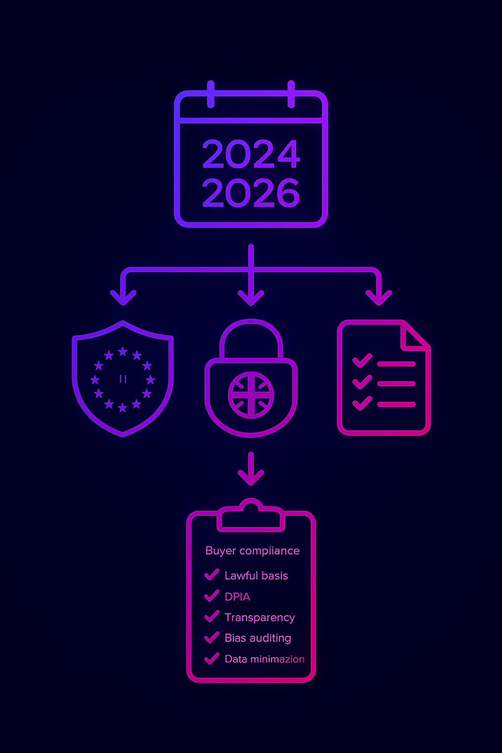 Timeline and regulation icons flowing into a compliance checklist clipboard