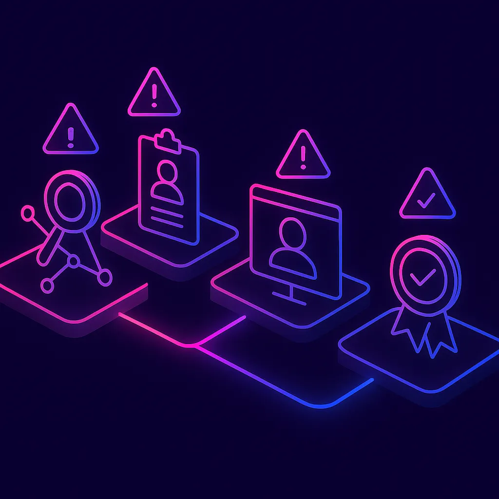 Four-stage hiring pipeline diagram with warning icons highlighting bias risk at each stage
