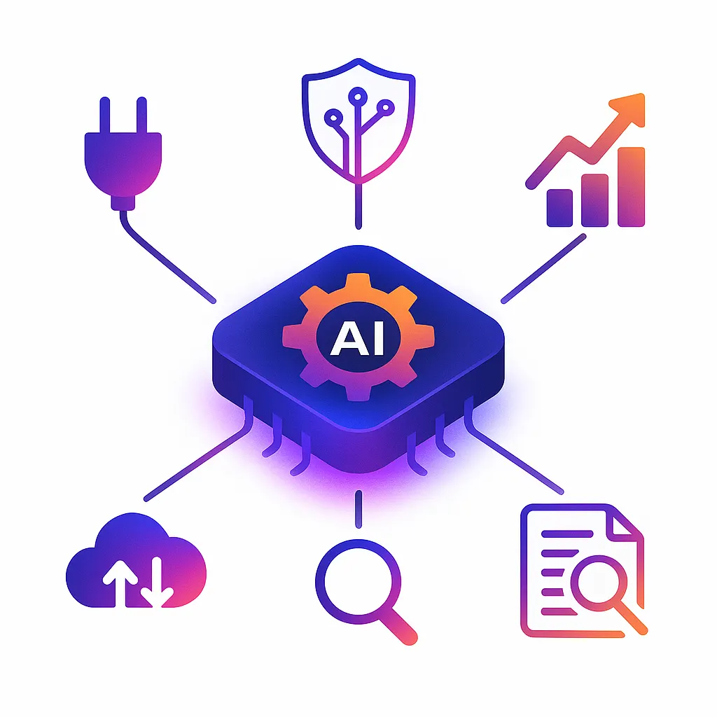 Central AI chip surrounded by five icons symbolizing key recruiting software capabilities