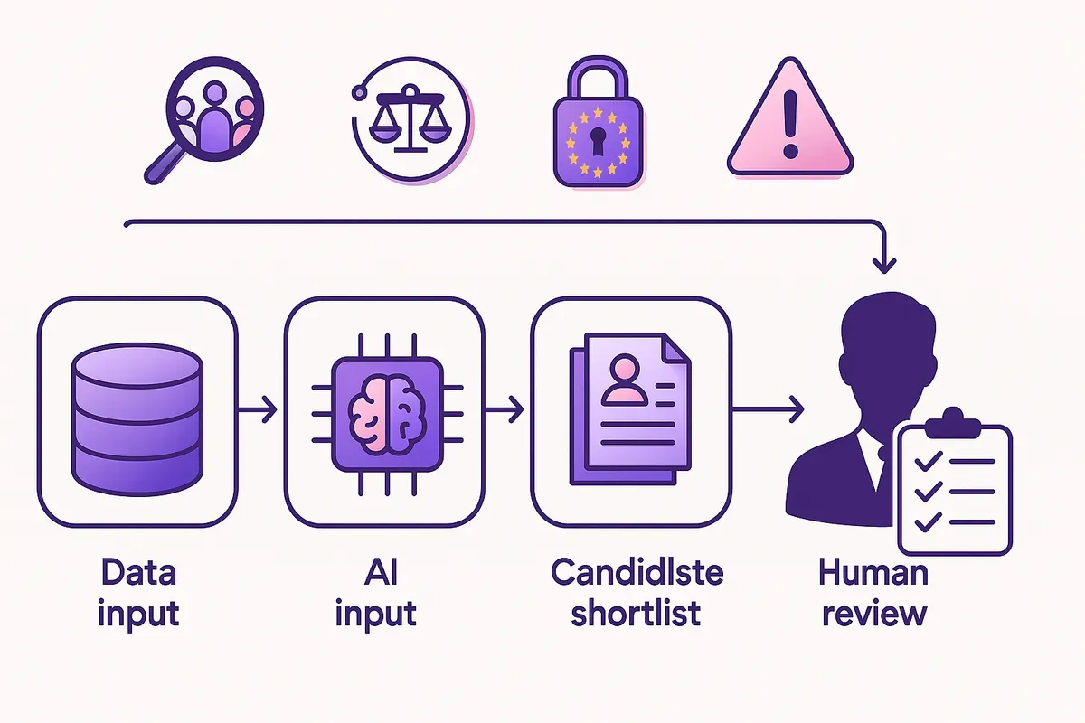 Flow diagram of AI recruiting stages with icons for bias audits, fairness, GDPR compliance, and human oversight.