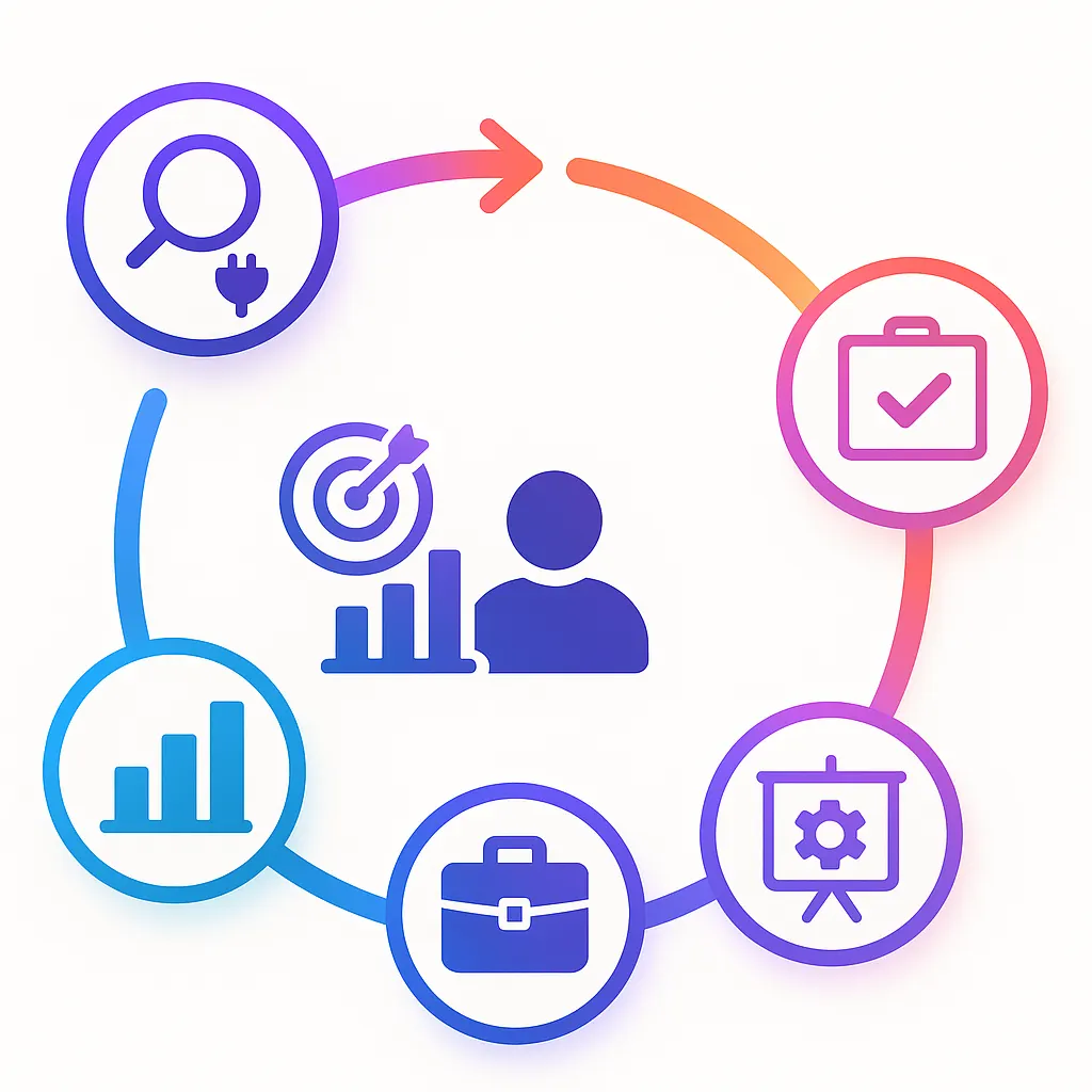 Five-step curved arrow flow with icons for audit, metrics, pilot, training, measurement showing AI recruiting rollout st