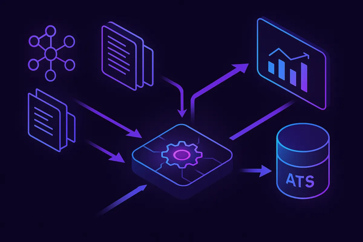 Flow of candidate sources through an AI engine into a unified ATS and analytics dashboard.
