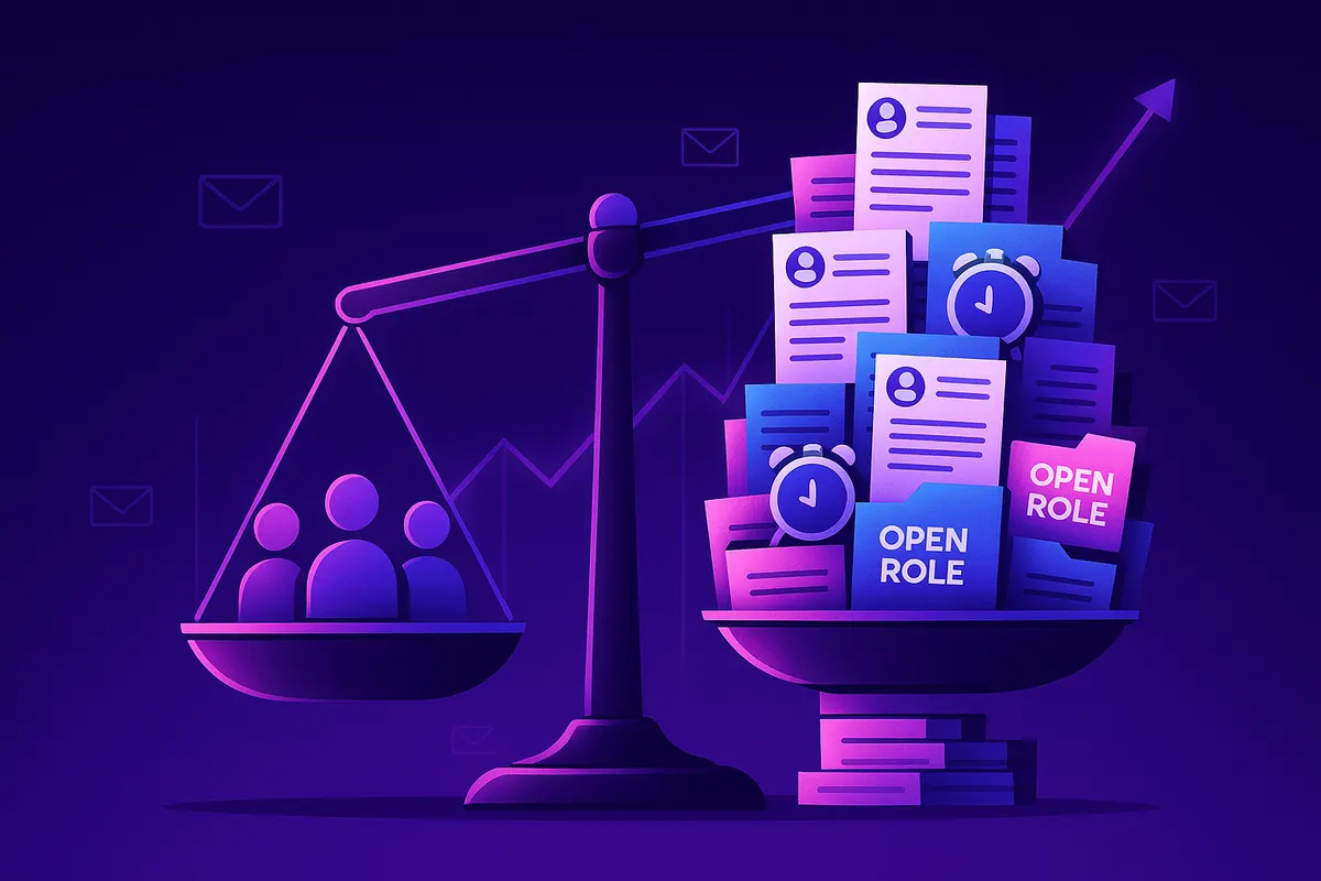 Isometric scale illustrating small recruiter team versus large stack of resumes and clocks symbolizing workload imbalanc