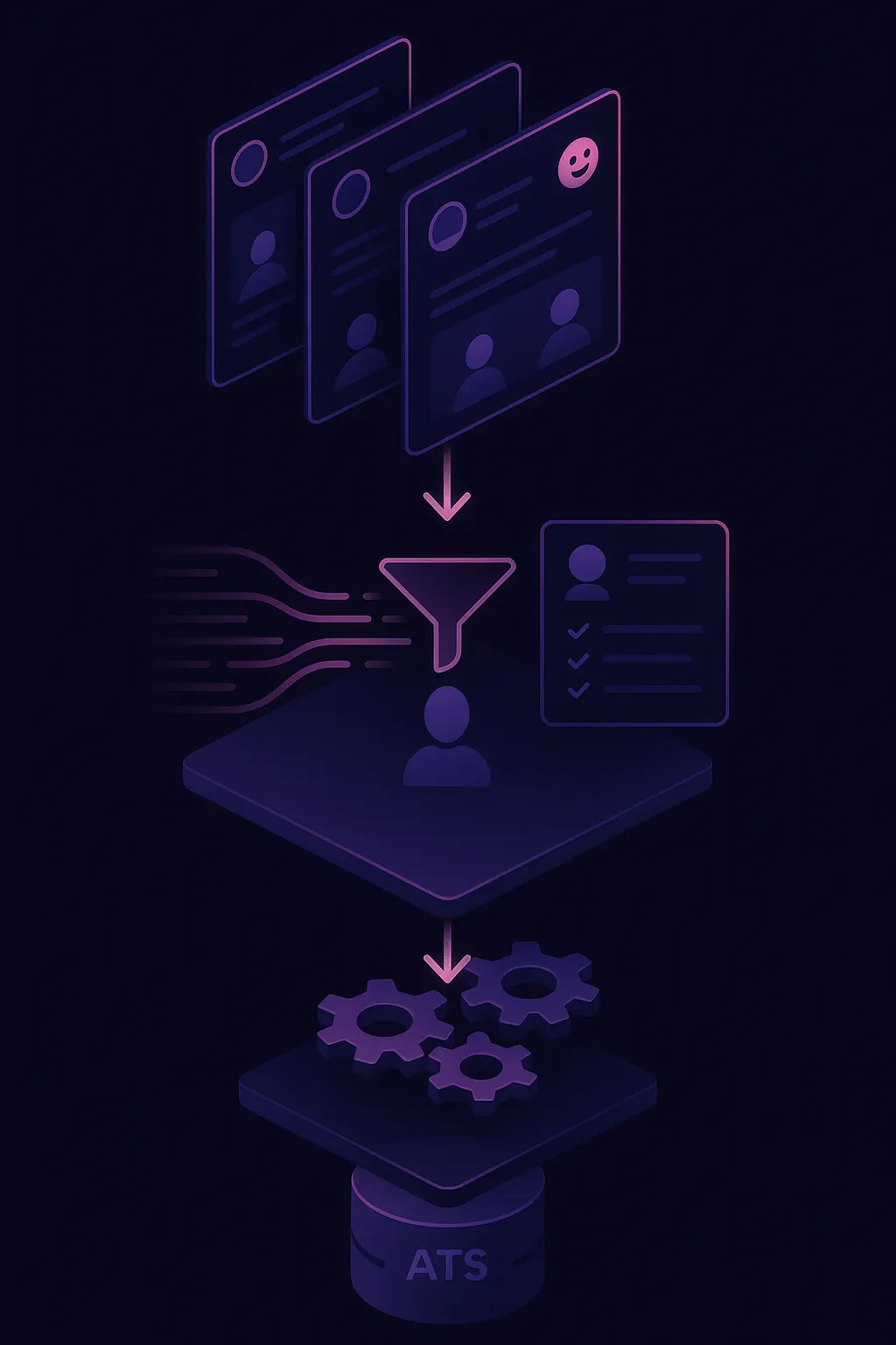 Layered diagram of AI hiring stack flowing from social sourcing to screening to ATS integration