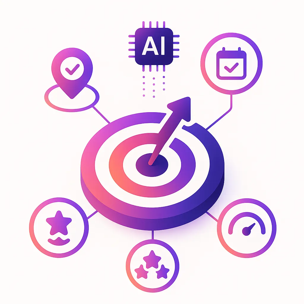 Diagram showing four KPI icons feeding into central quality of hire target, with AI chip connecting the data