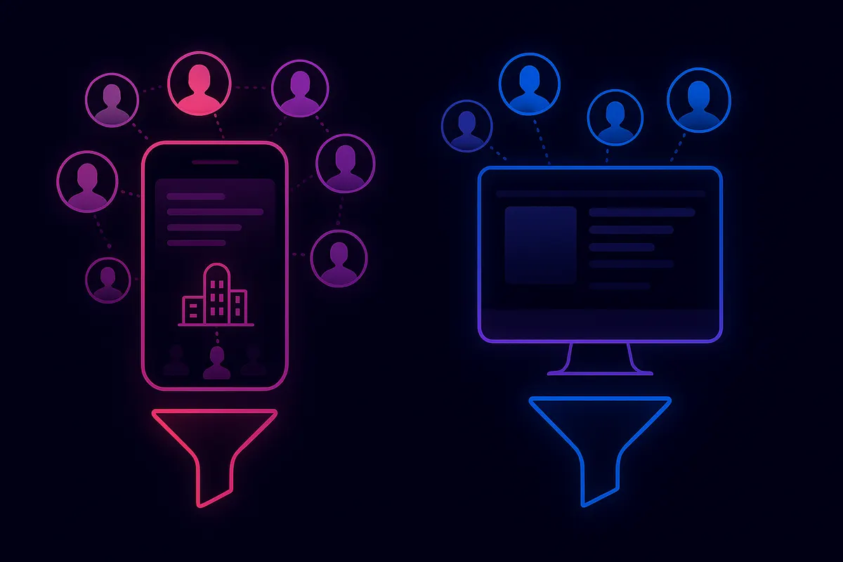 Side-by-side illustration of social recruiting funnel versus programmatic job board funnel