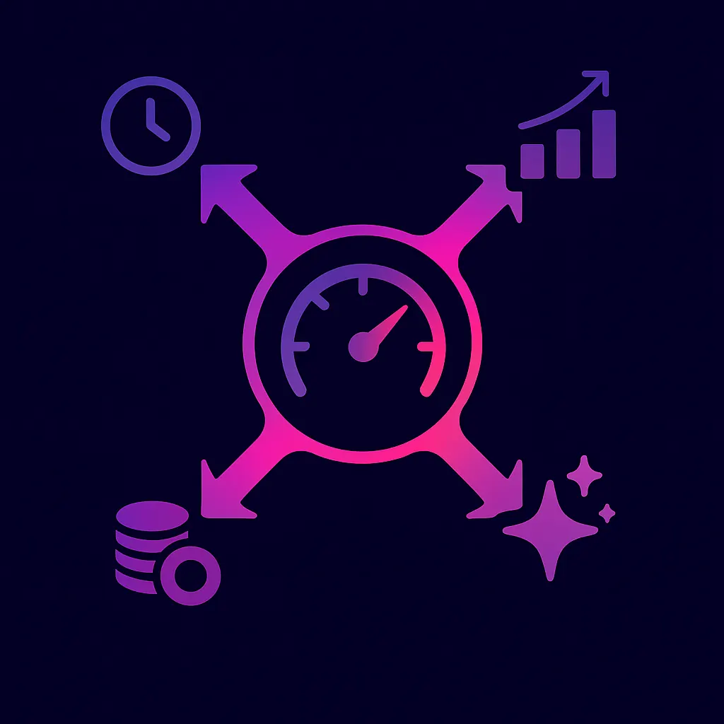 Four metric icons converging into a central ROI gauge illustrating inputs to recruiting return