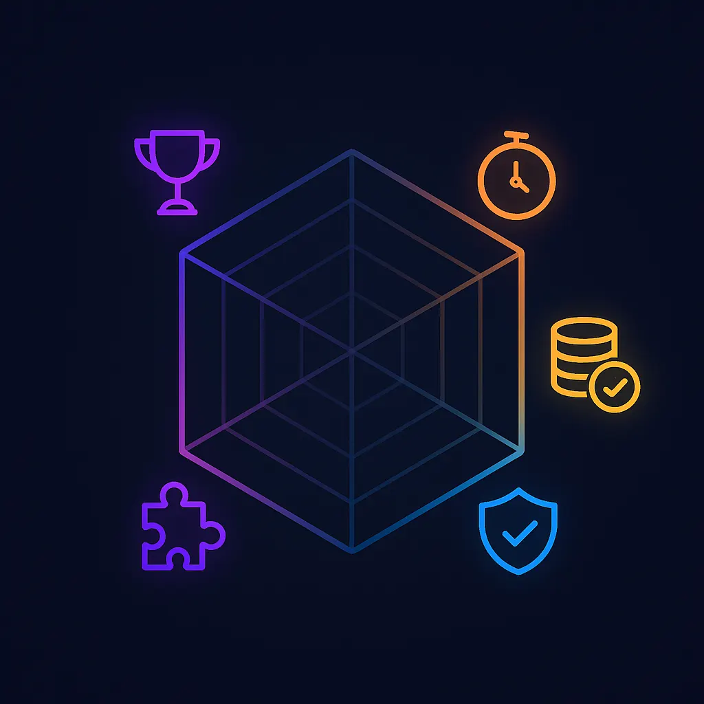 Spider chart with six icon-labeled axes representing key social recruiting platform evaluation criteria