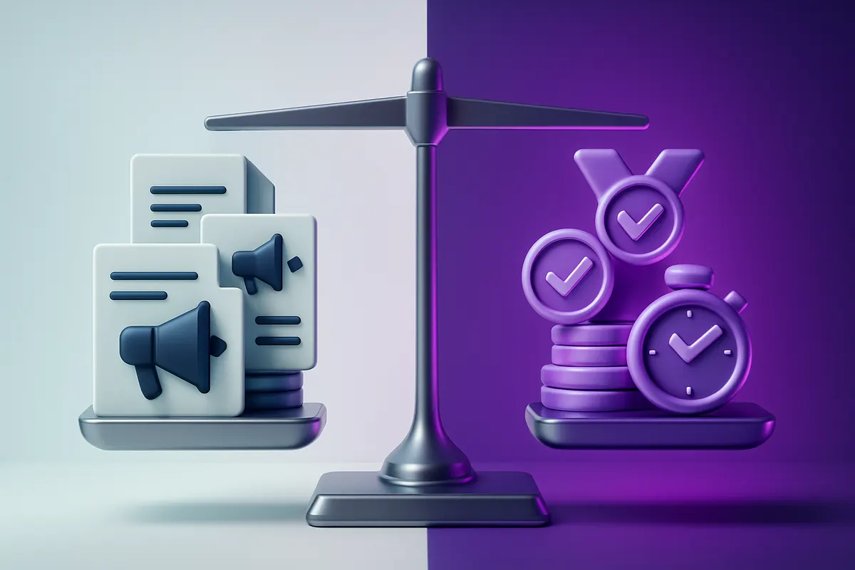 Balanced scale tilting toward symbols of quality hires and speed over raw volume indicators