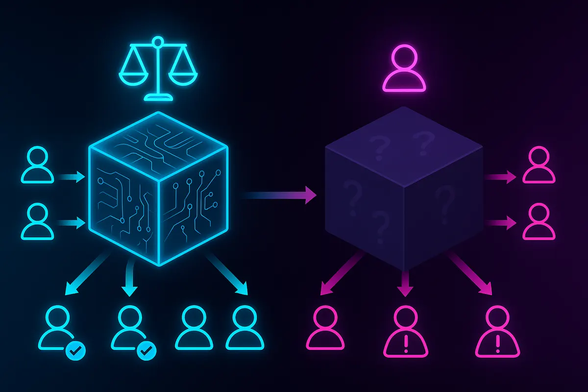 Transparent AI screening workflow contrasted with black-box automation