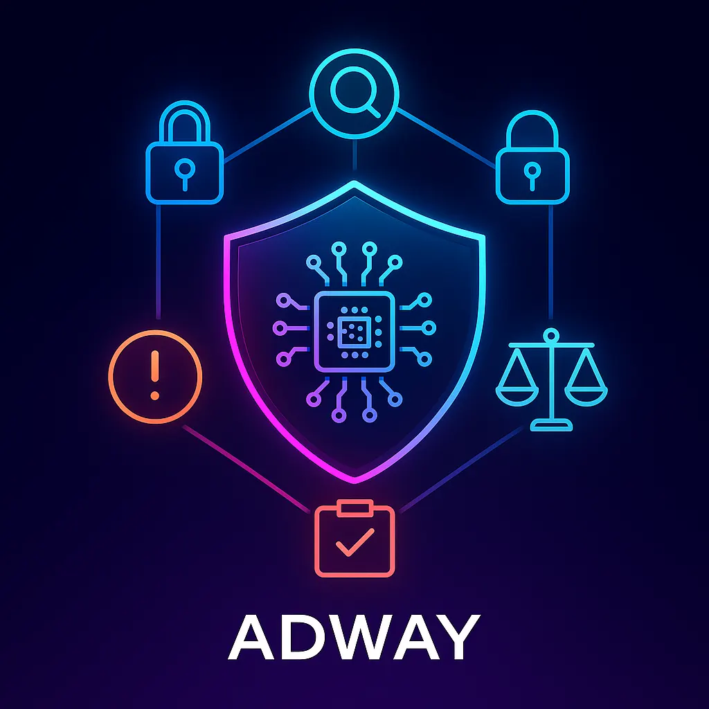 Shielded AI chip linked to icons for safety, transparency, fairness, accountability, contestability