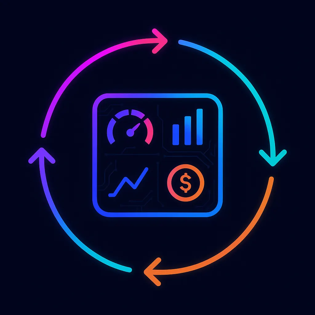 Circular optimisation loop around a dashboard of metric gauges for hiring KPIs.