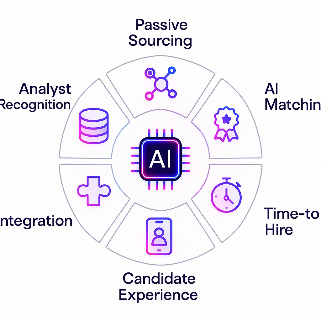 Radial diagram showing six criteria surrounding an AI recruiting platform core
