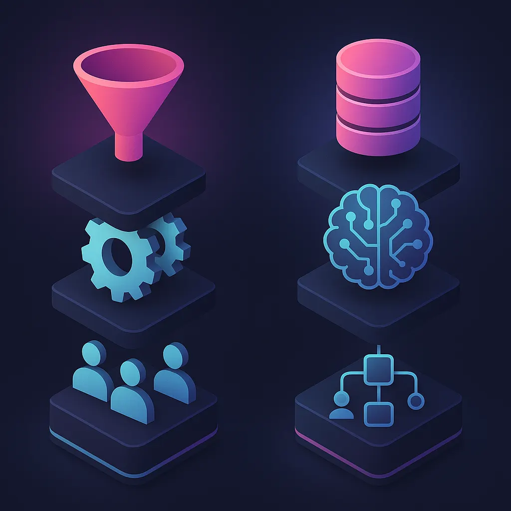 Vector comparison of Adway’s social funnel stack versus Beamery’s AI-driven CRM stack.