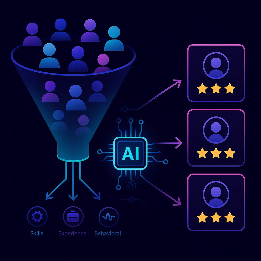 AI funnel diagram turning a large candidate pool into a ranked shortlist