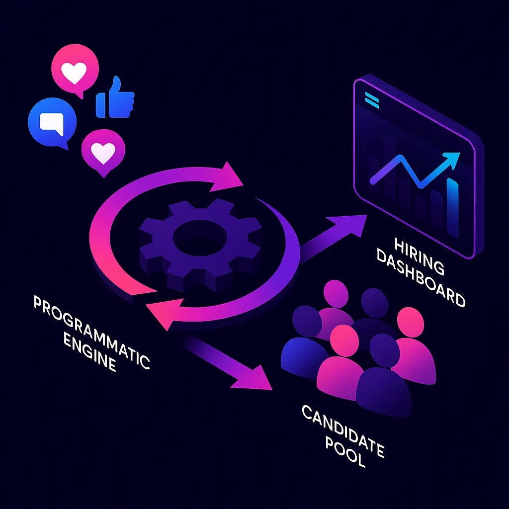 Flow diagram showing social platforms feeding a programmatic engine that expands candidate reach and boosts ROI