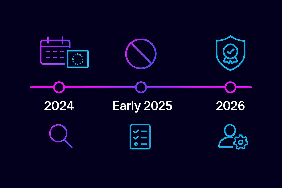 Timeline highlighting EU AI Act milestones and associated compliance steps for AI hiring platforms