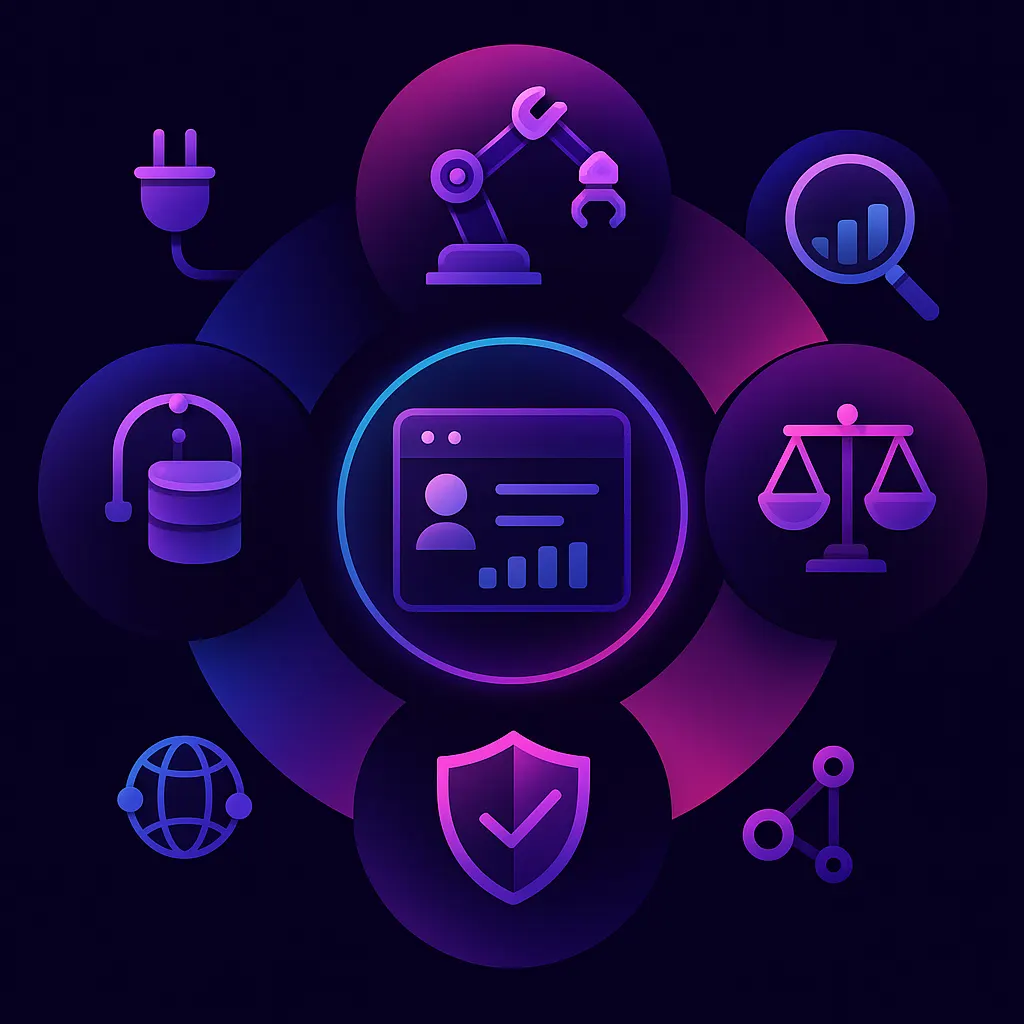 Circular infographic with icons for integration, automation, analytics, compliance, and scalability in AI recruiting.