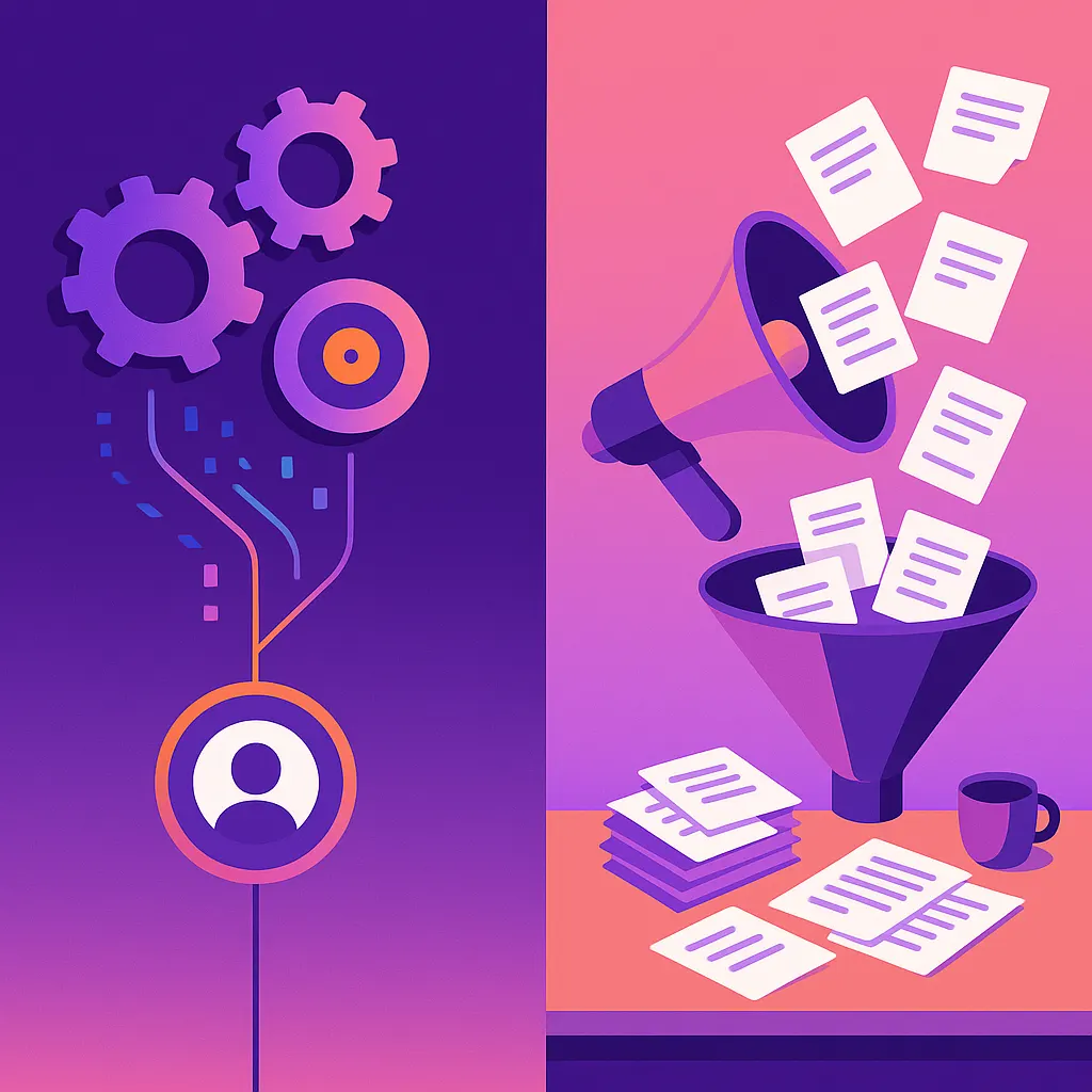Vector illustration contrasting AI-precision hiring with mass job-ad broadcasting