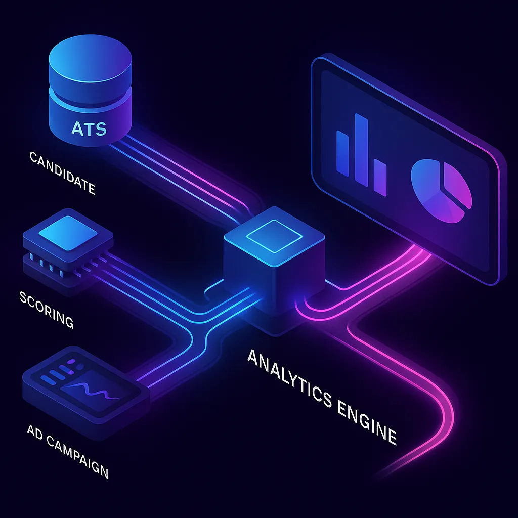 Data sources merging into an analytics engine that outputs real-time recruiting ROI dashboard