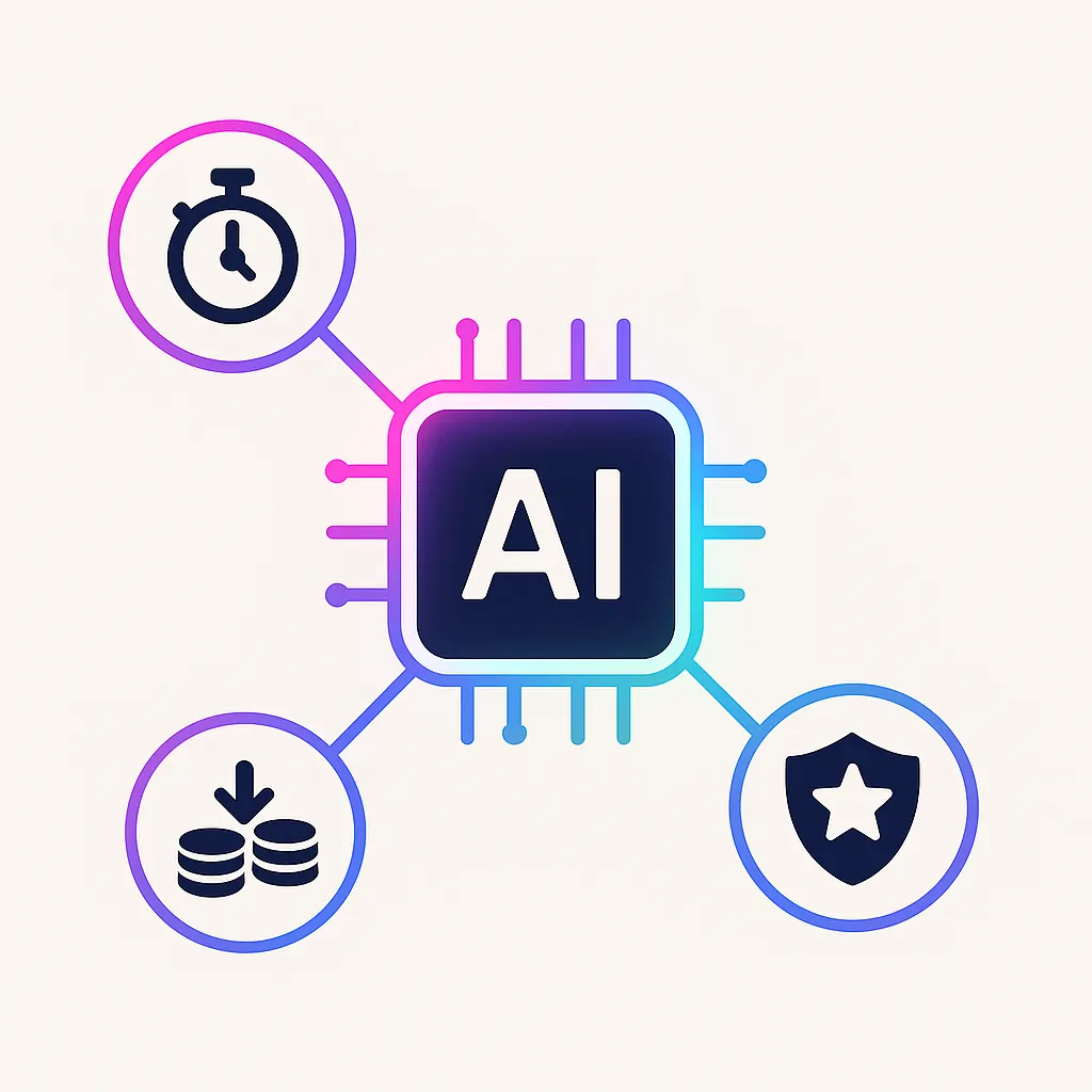 AI recruiting diagram with central hub linked to speed, cost, and quality benefit icons