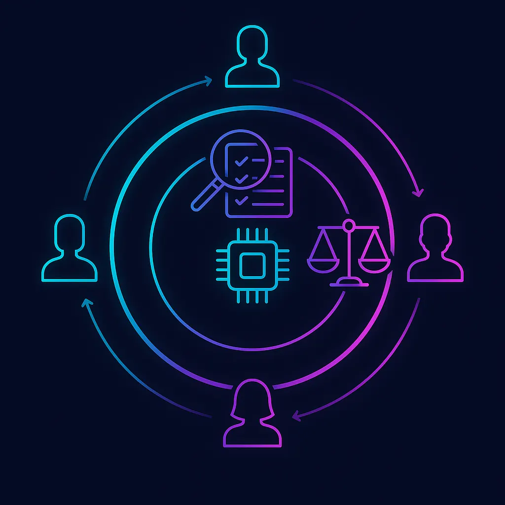 Layered rings illustrate AI algorithms, bias audits, and legal oversight protecting job candidates