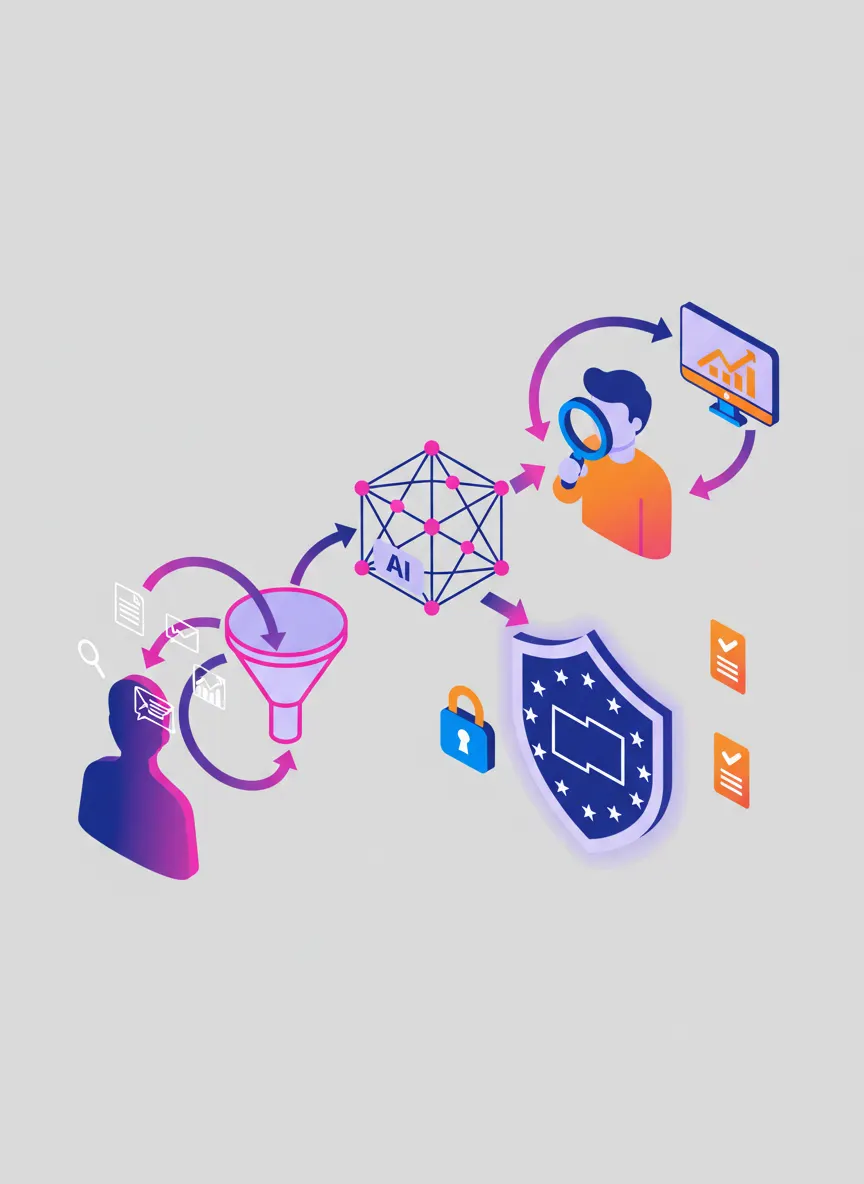 Flow diagram of AI hiring pipeline with oversight, monitoring, and EU compliance shield