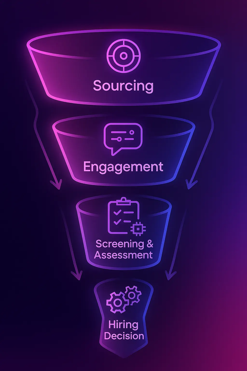 Vertical hiring funnel diagram with AI icons at sourcing, engagement, screening, and hiring stages