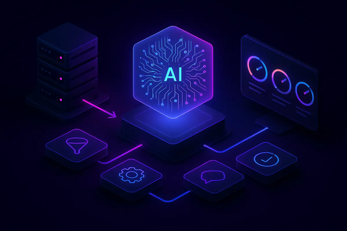 Isometric flow diagram of AI layer integrating with an ATS and outputting optimized recruiting metrics.