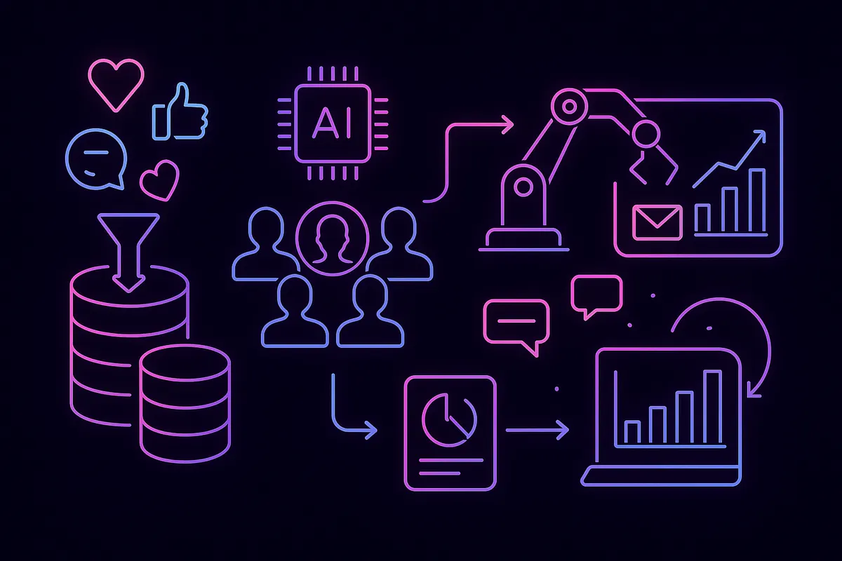 Vector flow diagram showing AI sourcing from data aggregation to analytics