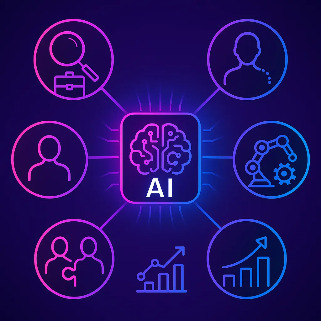 Five macro talent trends orbiting a central AI icon in a clean vector diagram.