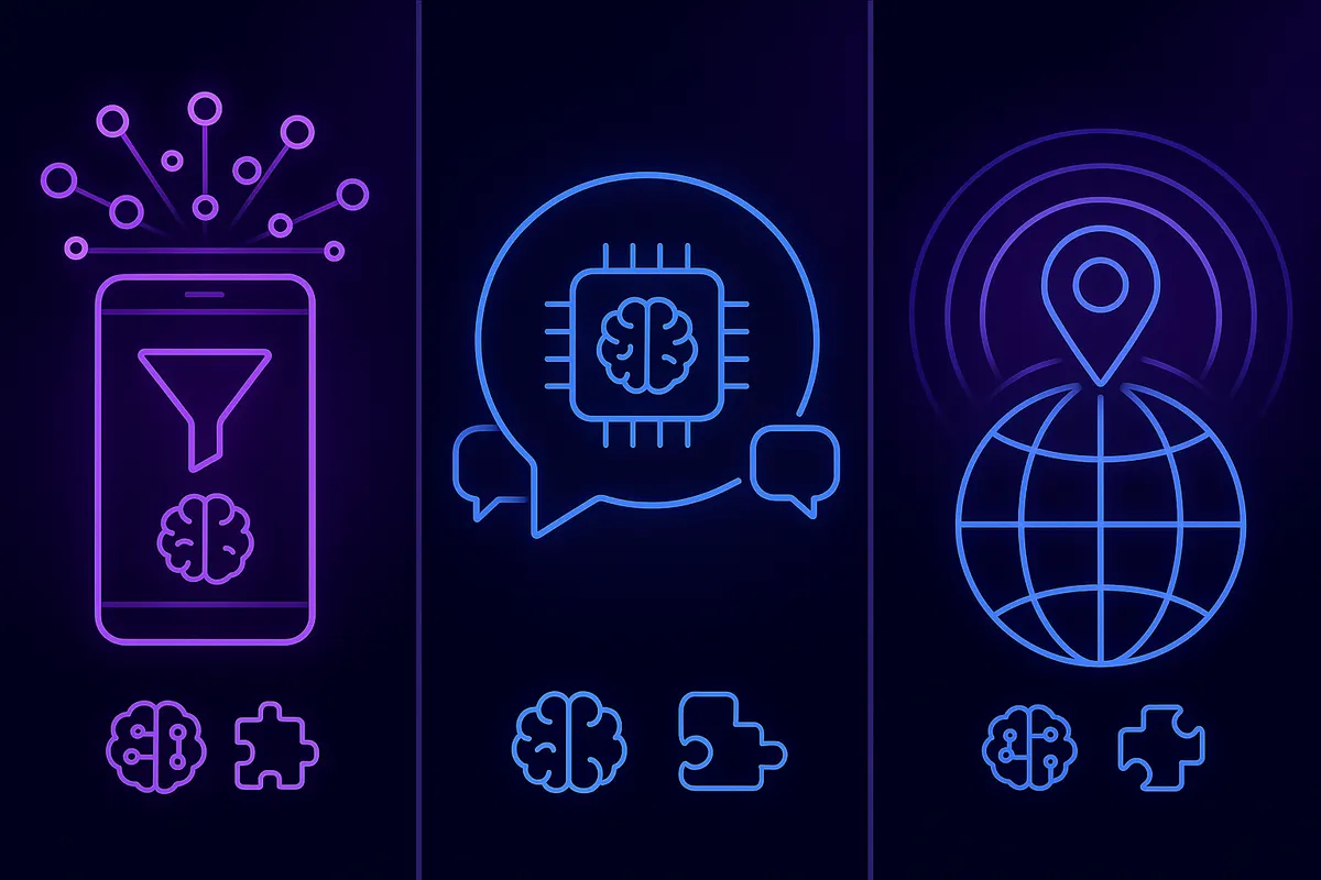 Side-by-side icon panels represent Adway, HeyJobs and Gaia with social, conversational and geo-targeted AI features.