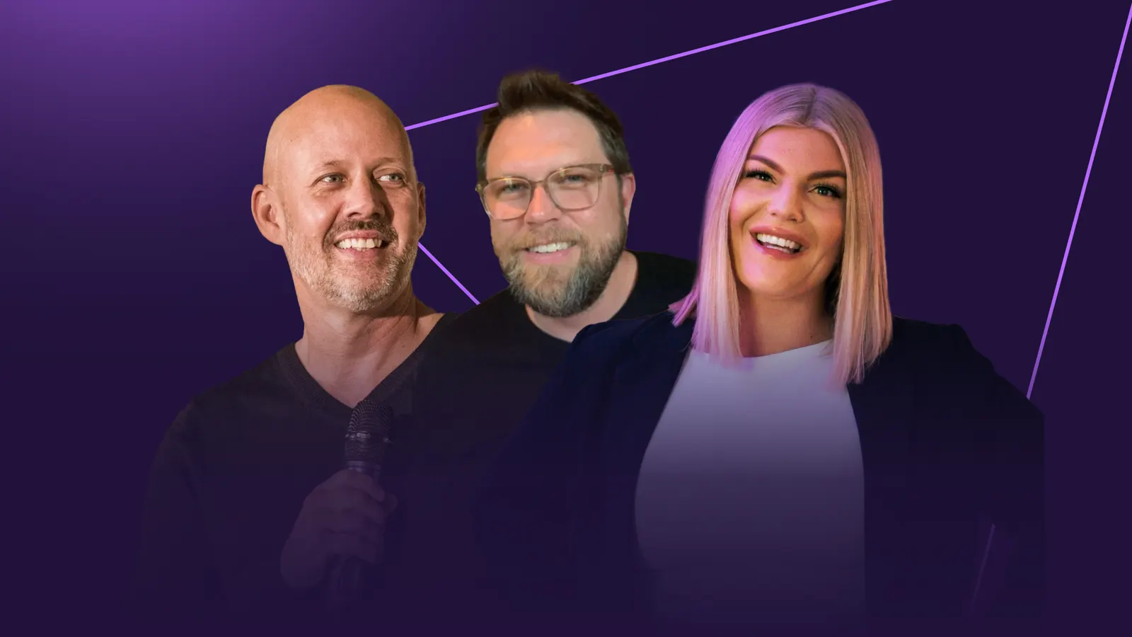 Image of Chad Sowash, Joel Cheesman and Adway's Sara Dalsfelt on a purple background.